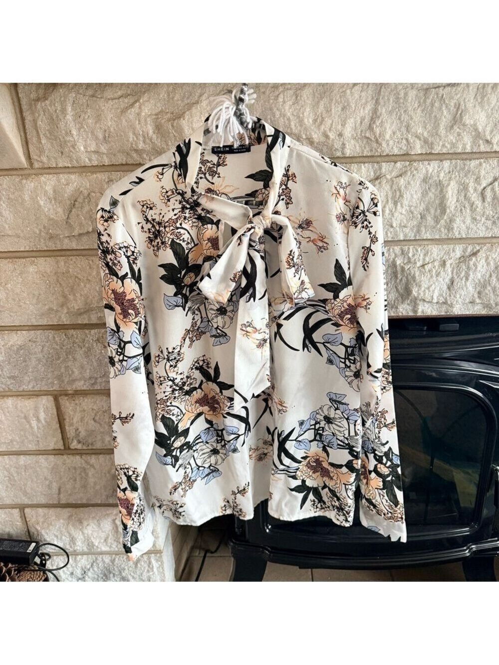 White/Black SHEIN Medium Floral Blouse with Tie-Neck